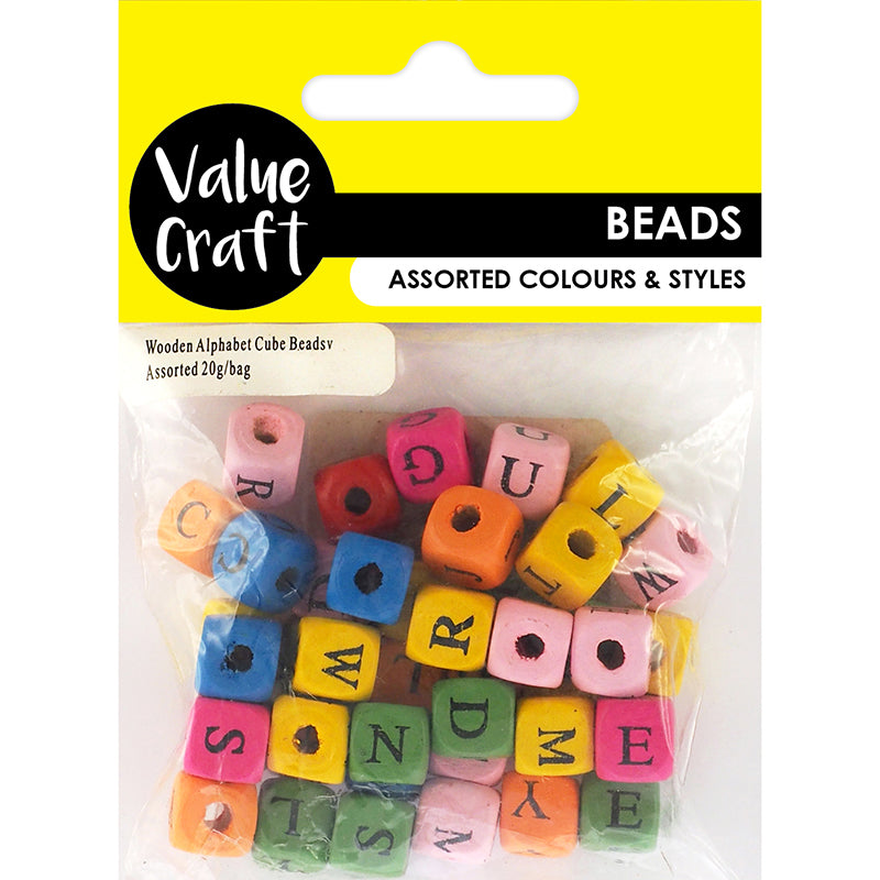 CRAFT WOODEN ALPHABET CUBE BEAD ASST 20G